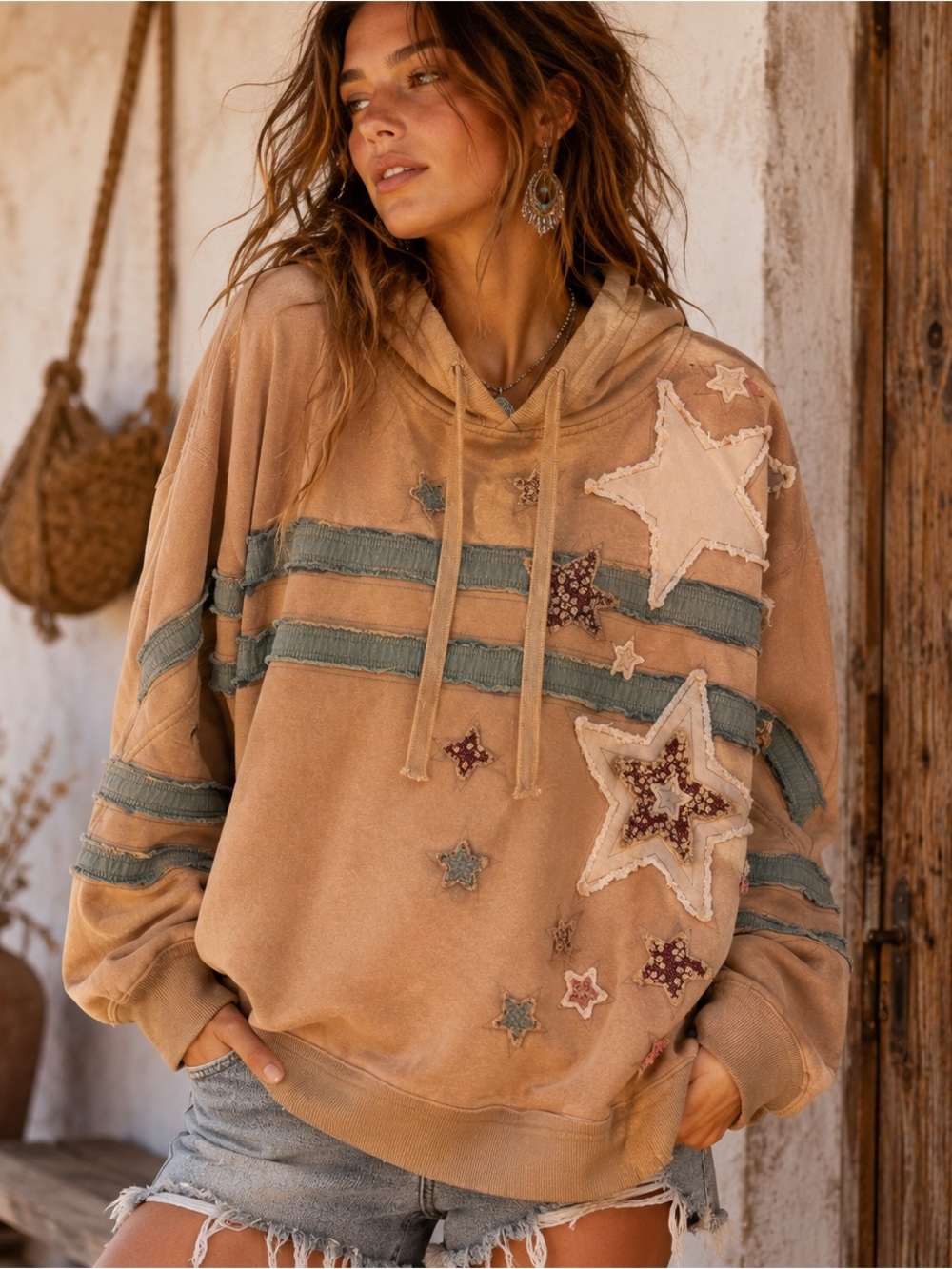 Ole & Hali Boho Star Patchwork Oversized Hoodie Large